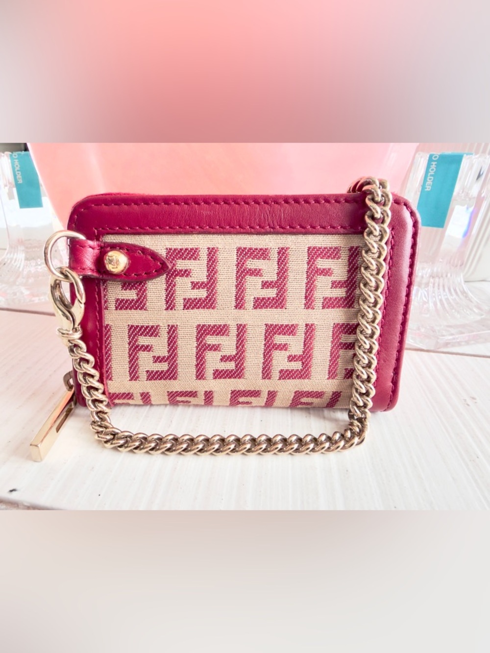 Rare Fendi Red Leather & Canvas Card Wallet w Chain